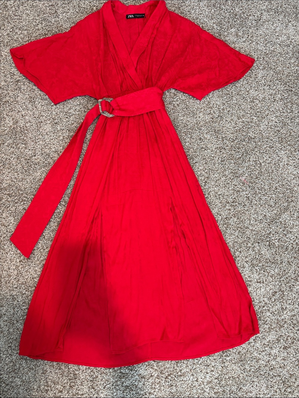 Zara Bright Red Wrap Maxi Dress with Belt